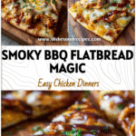 Crispy Barbecue Flatbread Pizza topped with melted cheese, BBQ chicken, and herbs on a wooden board.